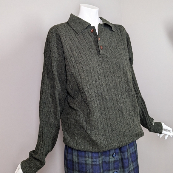 Vintage 90s West Coast Wool Cable Knit Sweater Olive Green Oversized Grandpa Sty - Picture 6 of 11